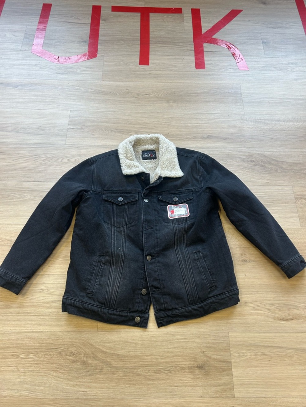 Galaxy By Harvic Black Denim Bomber Jacket with Cream Sherpa Collar